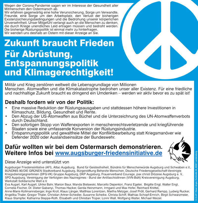 Zeitungsanzeige zum Ostermarsch 2020